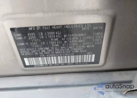 2014 Subaru Outback 2.5I z USA, uszkodzony, nr VIN 4S4BRCAC9E3309038